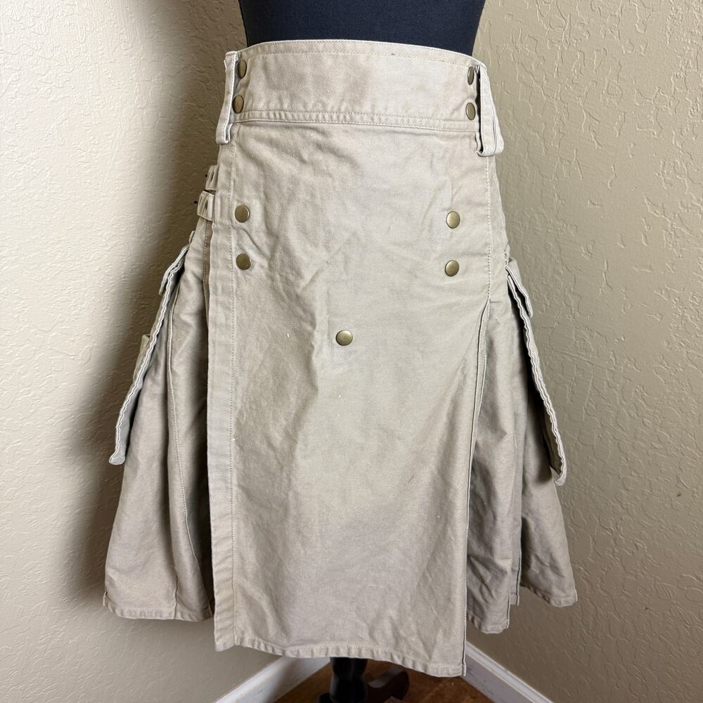Damn Near Kilt Em Khaki Utility Kilt Skirt S/M Cotton Cargo Pockets Pleated